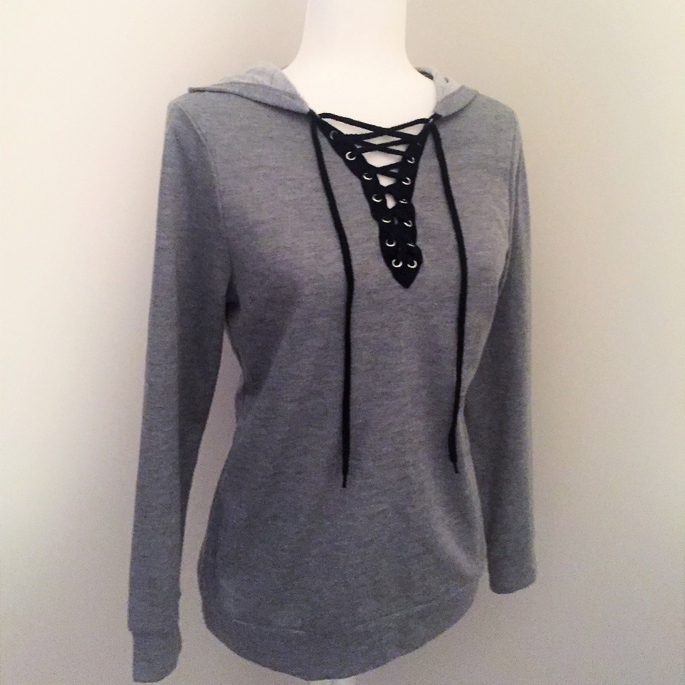 Lace-Up Grey Sweatshirt with Hood
